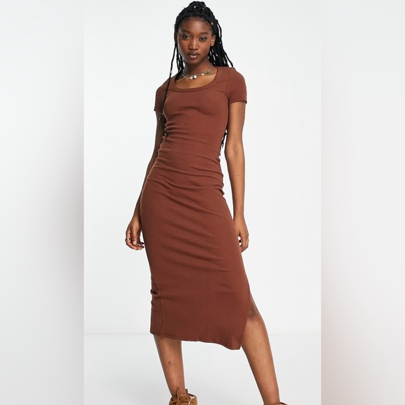Cotton On ribbed short sleeve tee MIDI Dress in color Vintage Brown - Size M - Picture 2 of 14